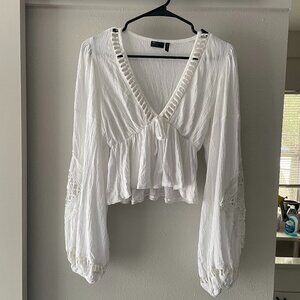 White V-Neck Baloon Sleeve Crinkle Blouse with Crochet Detail